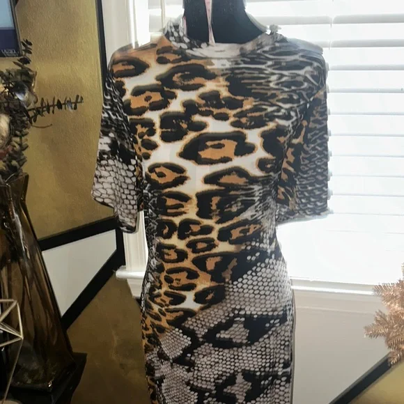 Fashion Nova Black and Tan Mixed Animal Print Midi Dress - Picture 3 of 8